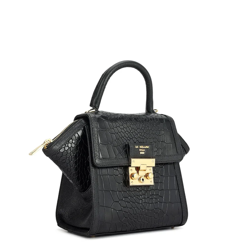 Da Milano Small Croco Leather Satchel - Black